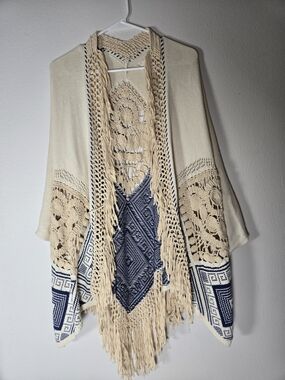 Angel Of The North Cream and Navy Crochet Fringe Cardigan